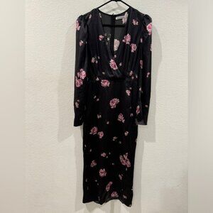 Reformation 100% Silk Toronto Black Pink Purple Floral Faux Wrap Midi Dress 4